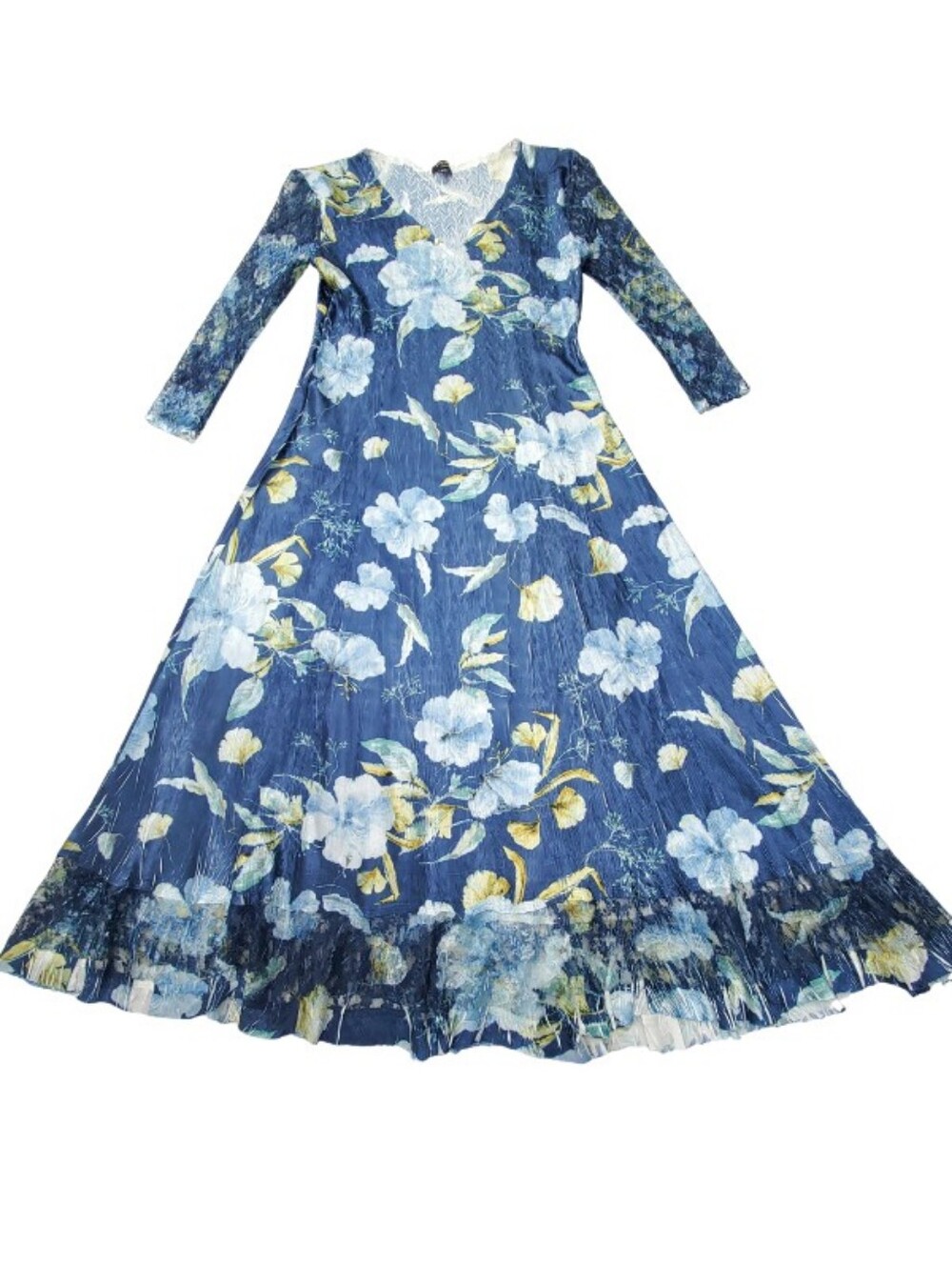 Komarov Lace Sleeve Charmeuse & Chiffon Blue Floral Evening Cocktail Dress PXL - Picture 3 of 14